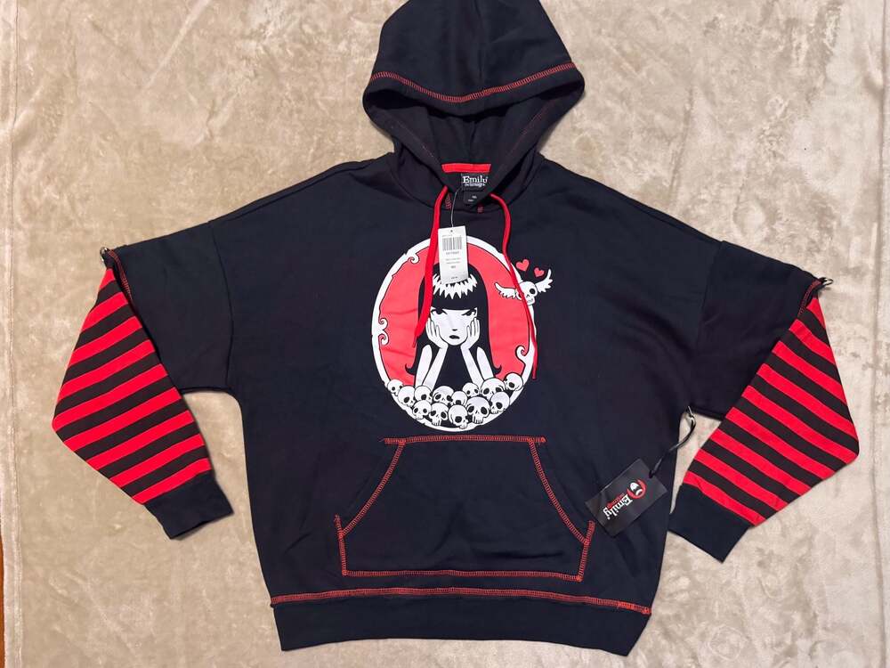 Emily The Strange Red Stripe Twofer I Know I'm Strange Portrait Hoodie Y2K MEDIU